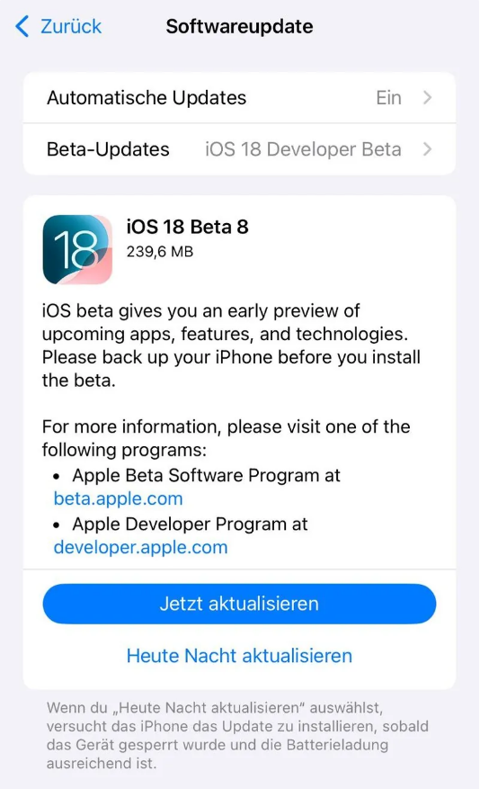 马尔康苹果手机维修分享苹果 iOS / iPadOS 18 开发者预览版 Beta 8 发布 